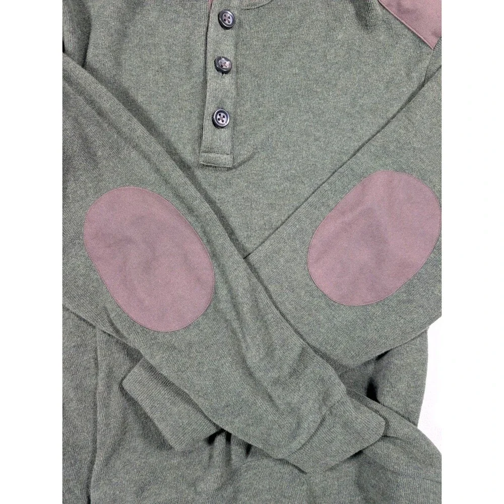 Cremieux Collection Sweater Mens L Green Henley Suede Shoulder Elbow Patch